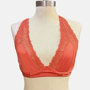 Aerie 36D Happy Burnt Orange Lace Trim Halter Bralette Adjustable Racerback Bra